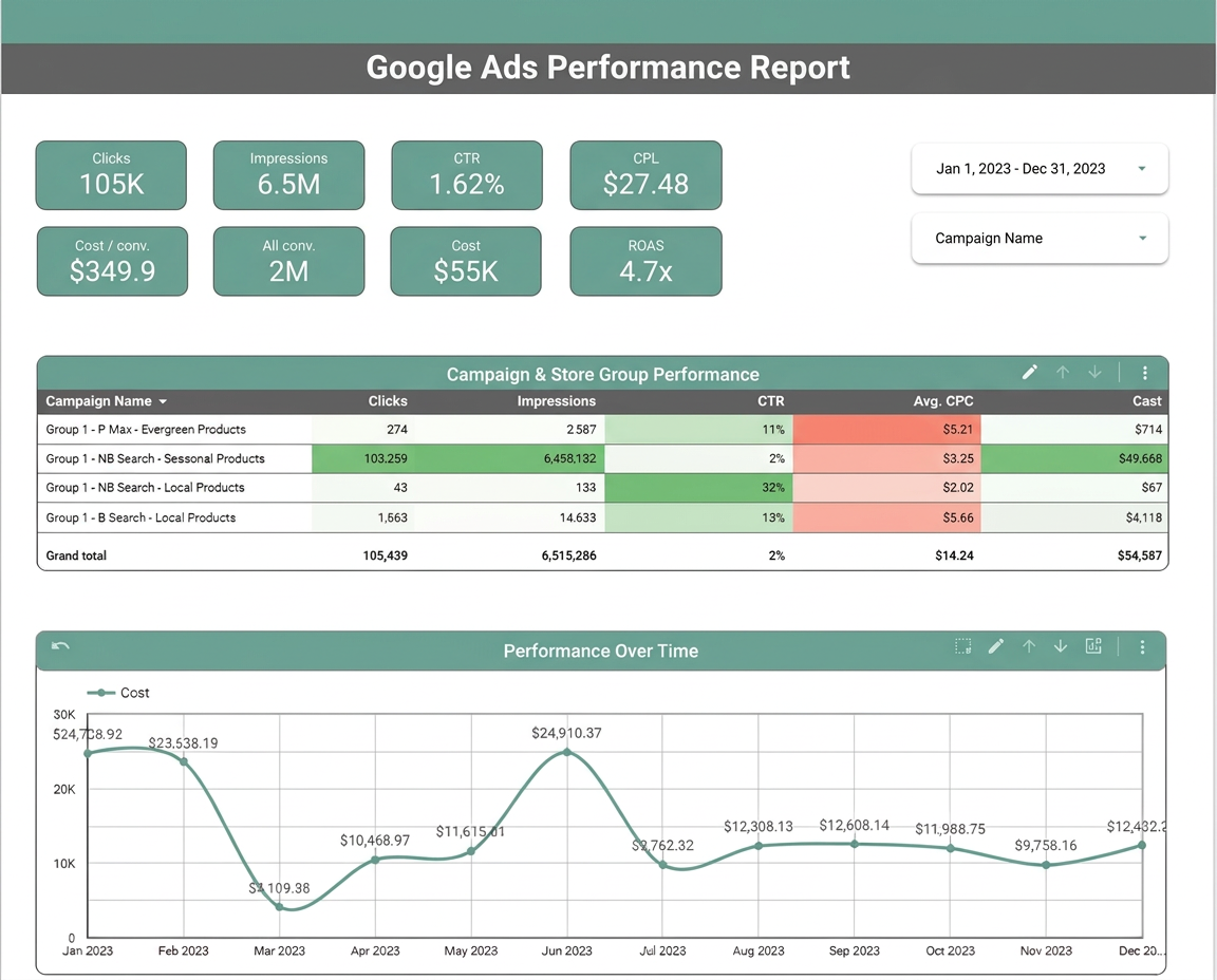 Google Ads performance report dashboard with clicks, impressions, CTR, CPL and ROAS scorecards