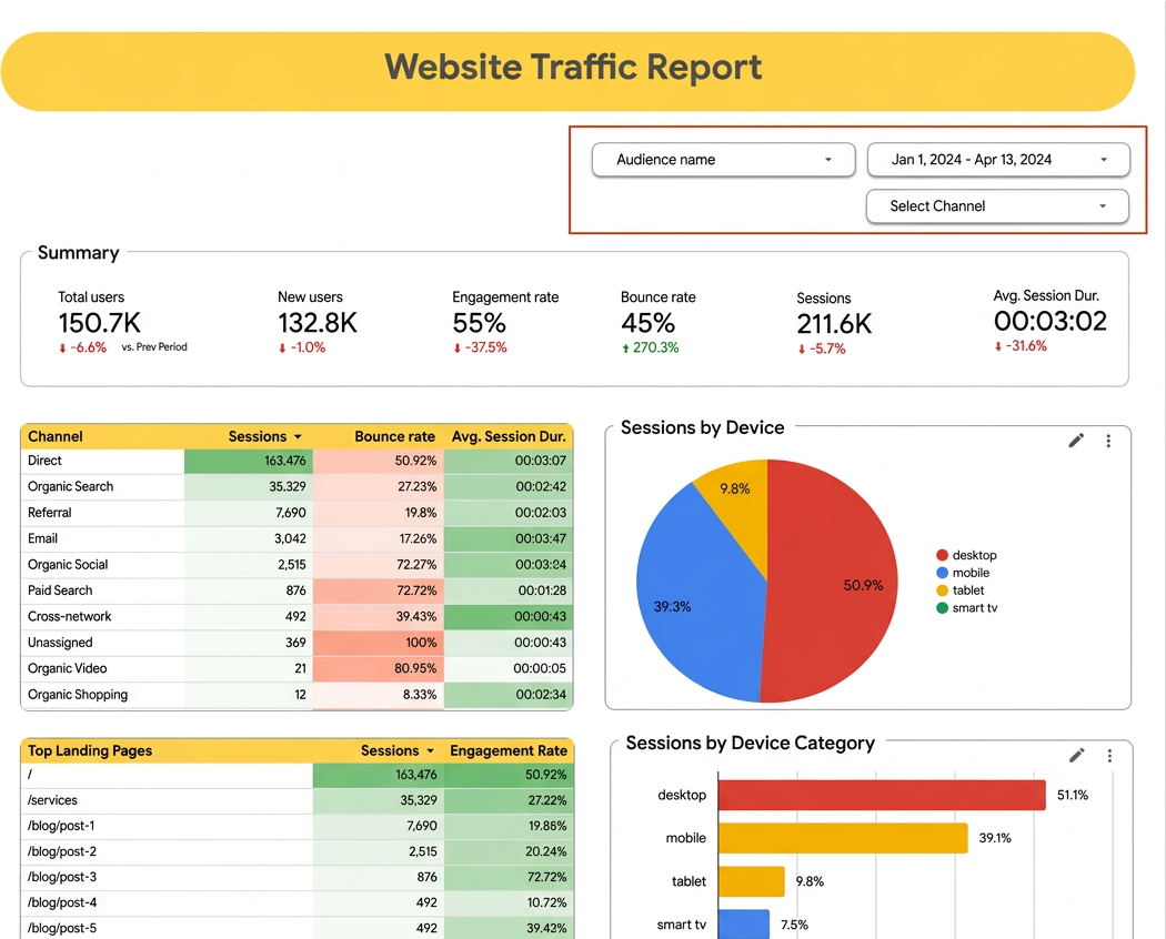 Website traffic report with users, sessions and sessions by device pie chart